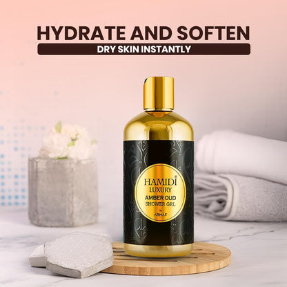 Hamidi Luxury Amber Oud Shower Gel | 500ML | 24-Hour Fresh | Deep Moisture | Sulfate And Paraben-Free | Non-Alcoholic | Unisex Fragrance sensitive shower gel | Hydrating Body Wash