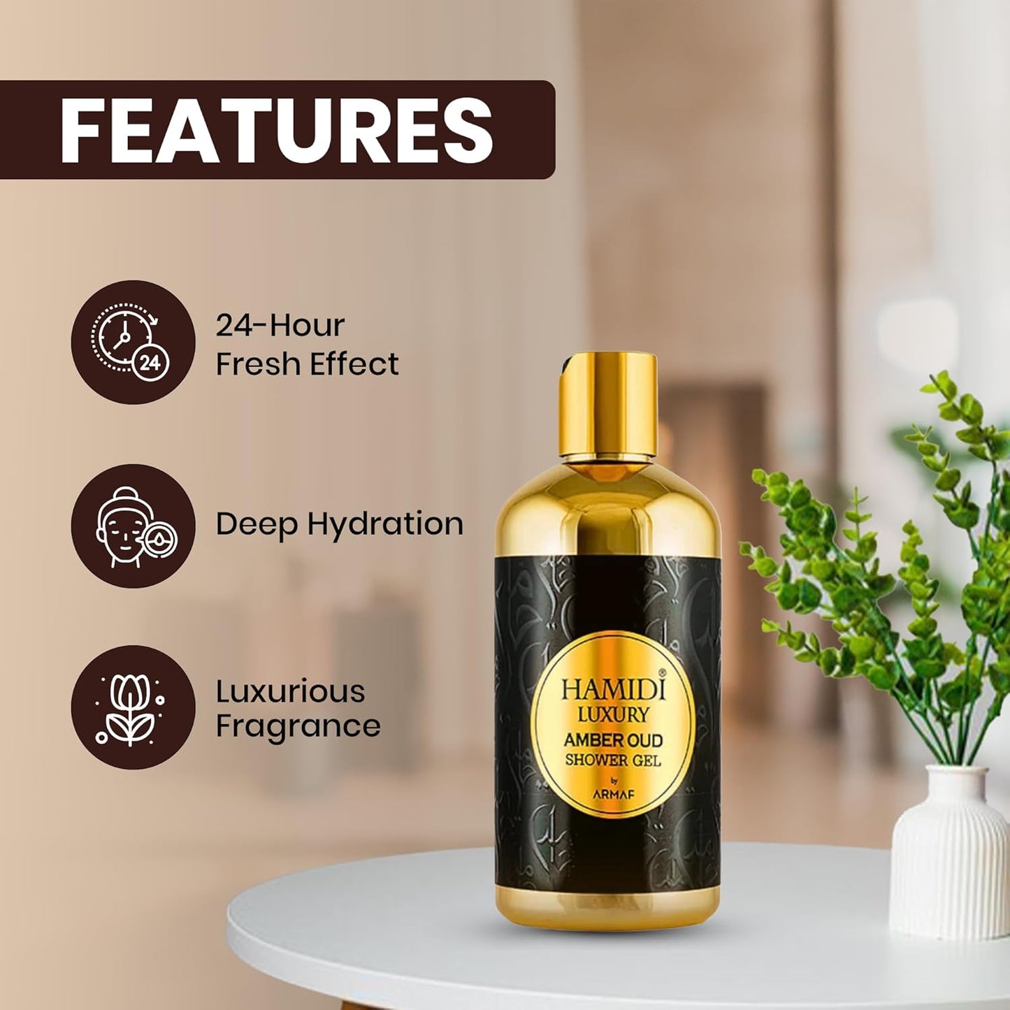 Hamidi Luxury Amber Oud Shower Gel | 500ML | 24-Hour Fresh | Deep Moisture | Sulfate And Paraben-Free | Non-Alcoholic | Unisex Fragrance sensitive shower gel | Hydrating Body Wash