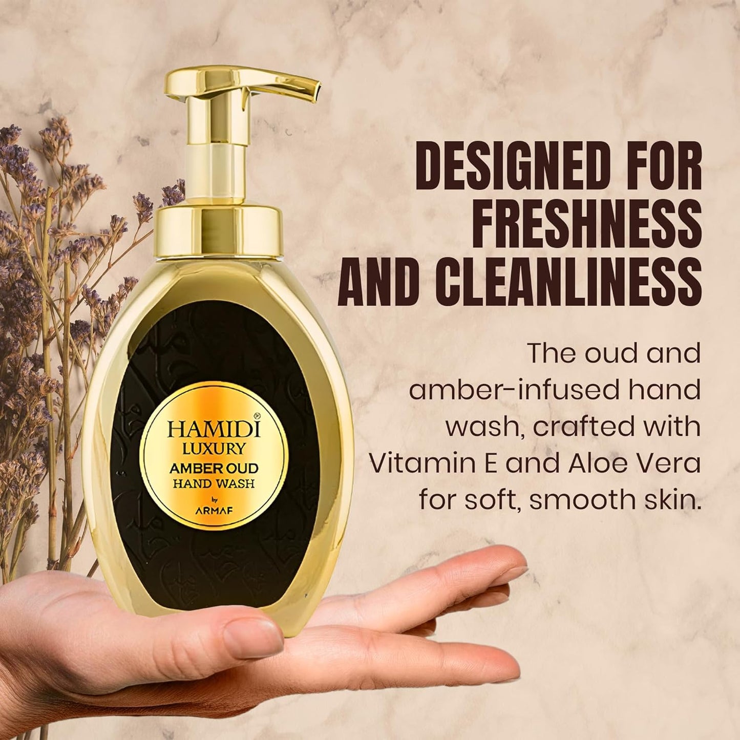 Hamidi Luxury Amber Oud Hand Wash | Non-Alcoholic foaming hand wash | Moisturizing & Sensitive Skin-Friendly | Enriched with Vitamin E & Aloe Vera | Oud Musk Scent for Unisex | 350ML