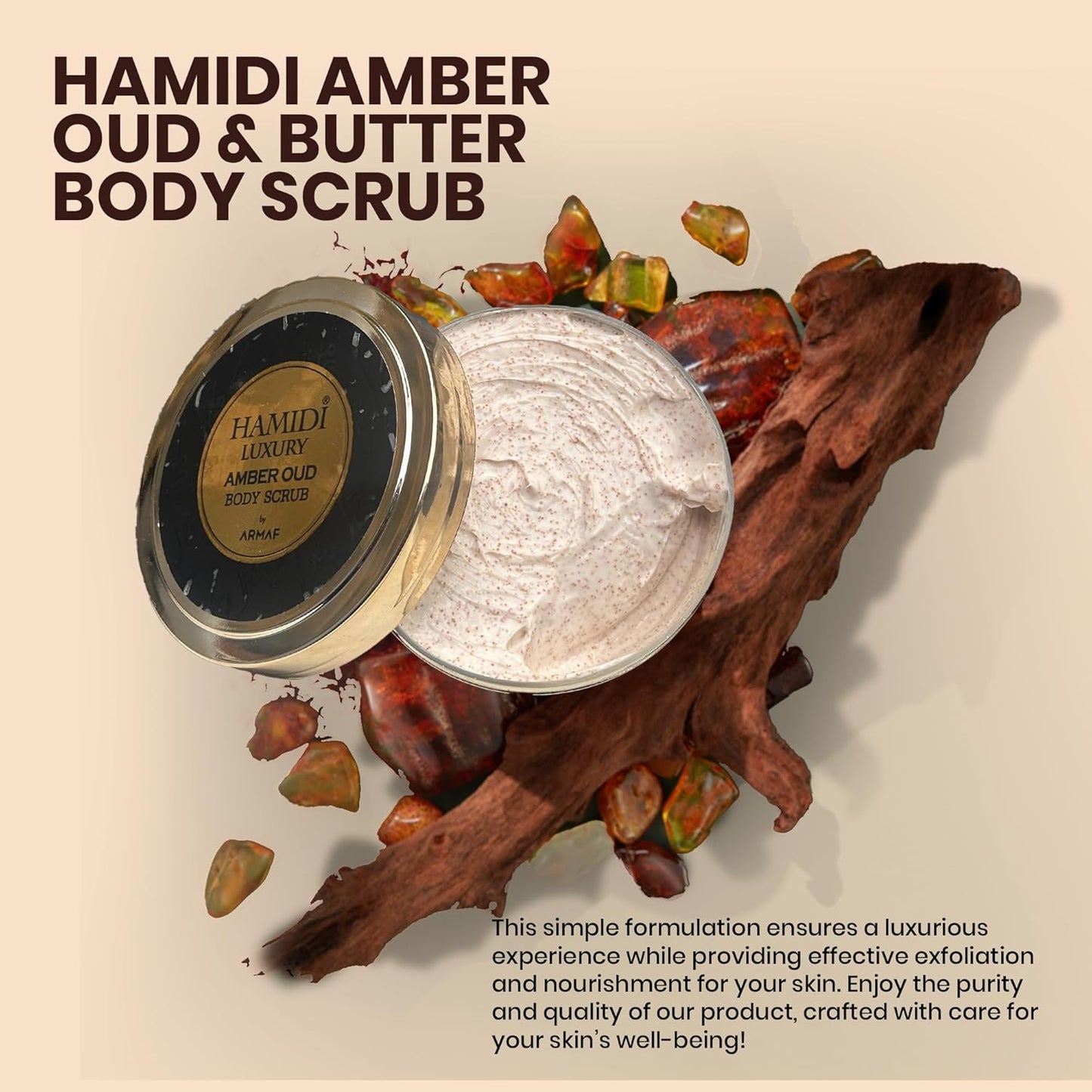 LUXURY AMBER OUD BODY SCRUB 250ML (8.4 OZ) By Hamidi | Gently Exfoliates For Soft & Smooth Skin, Naturally Derived Ingredients.