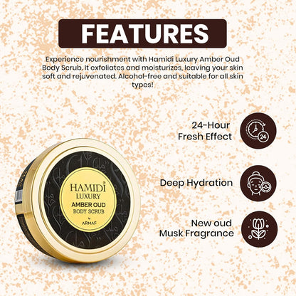 LUXURY AMBER OUD BODY SCRUB 250ML (8.4 OZ) By Hamidi | Gently Exfoliates For Soft & Smooth Skin, Naturally Derived Ingredients.